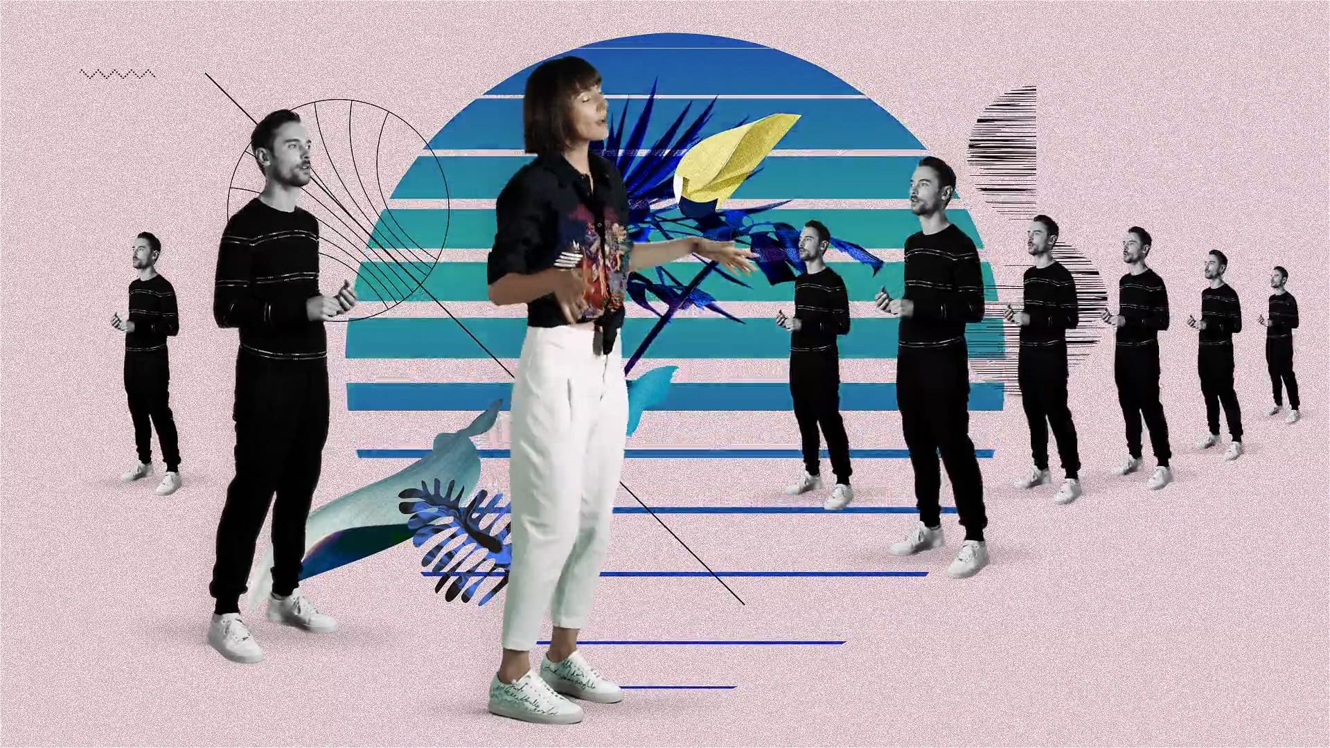 Pop graphic composition from Evergreen – The Foreigner clip with off-balance visual elements