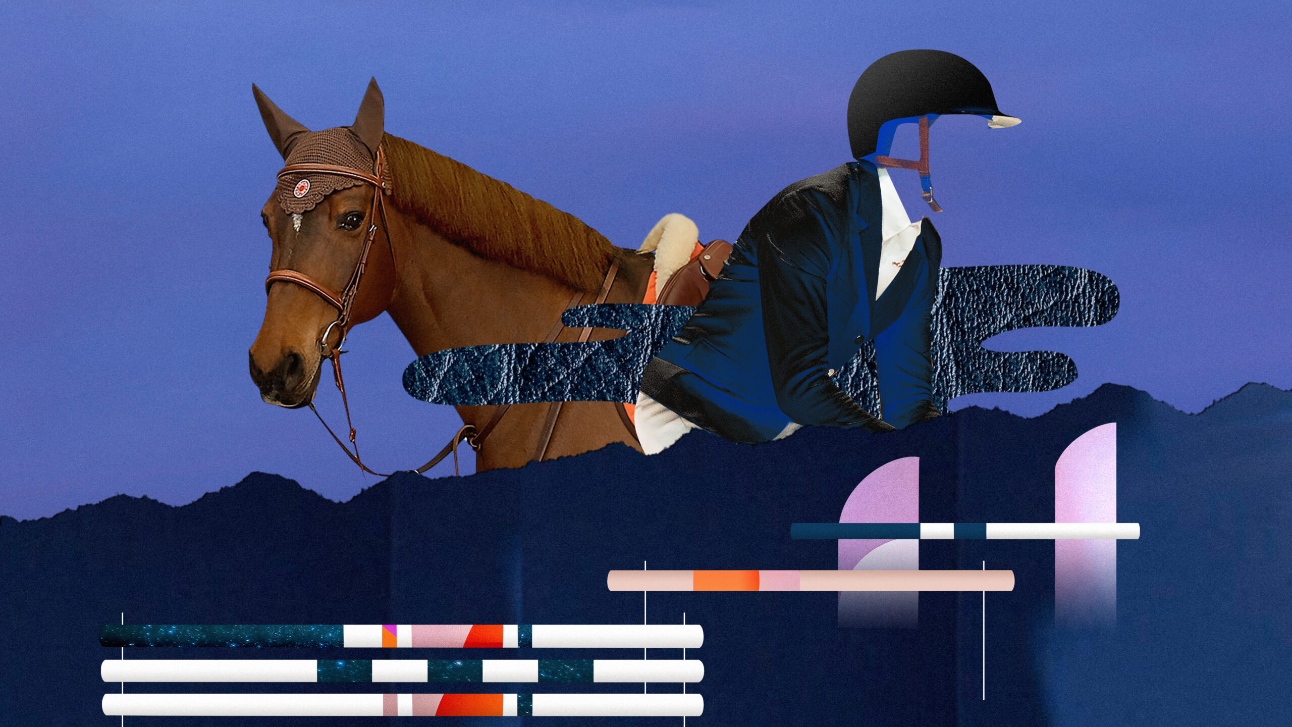 stop-motion frame mixing drawings, cutouts and show-jumping imagery